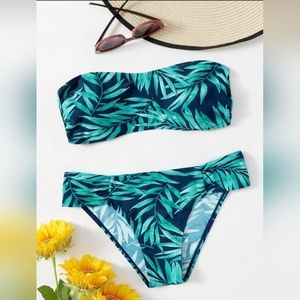 SHEIN Leaf Random Print Bandeau Bikini NWOT